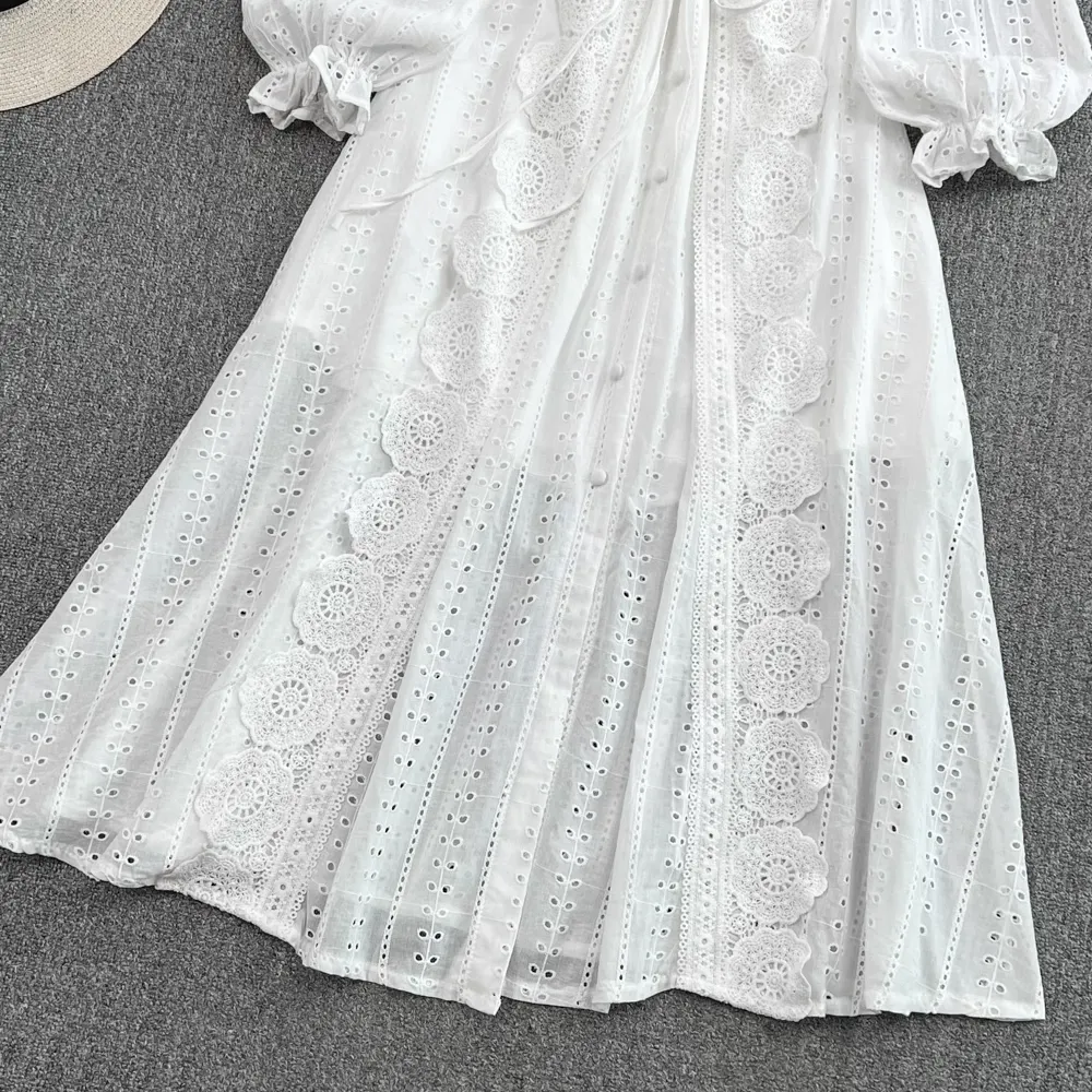 Fairy White V Neck Hollow Elegant Dress 1562