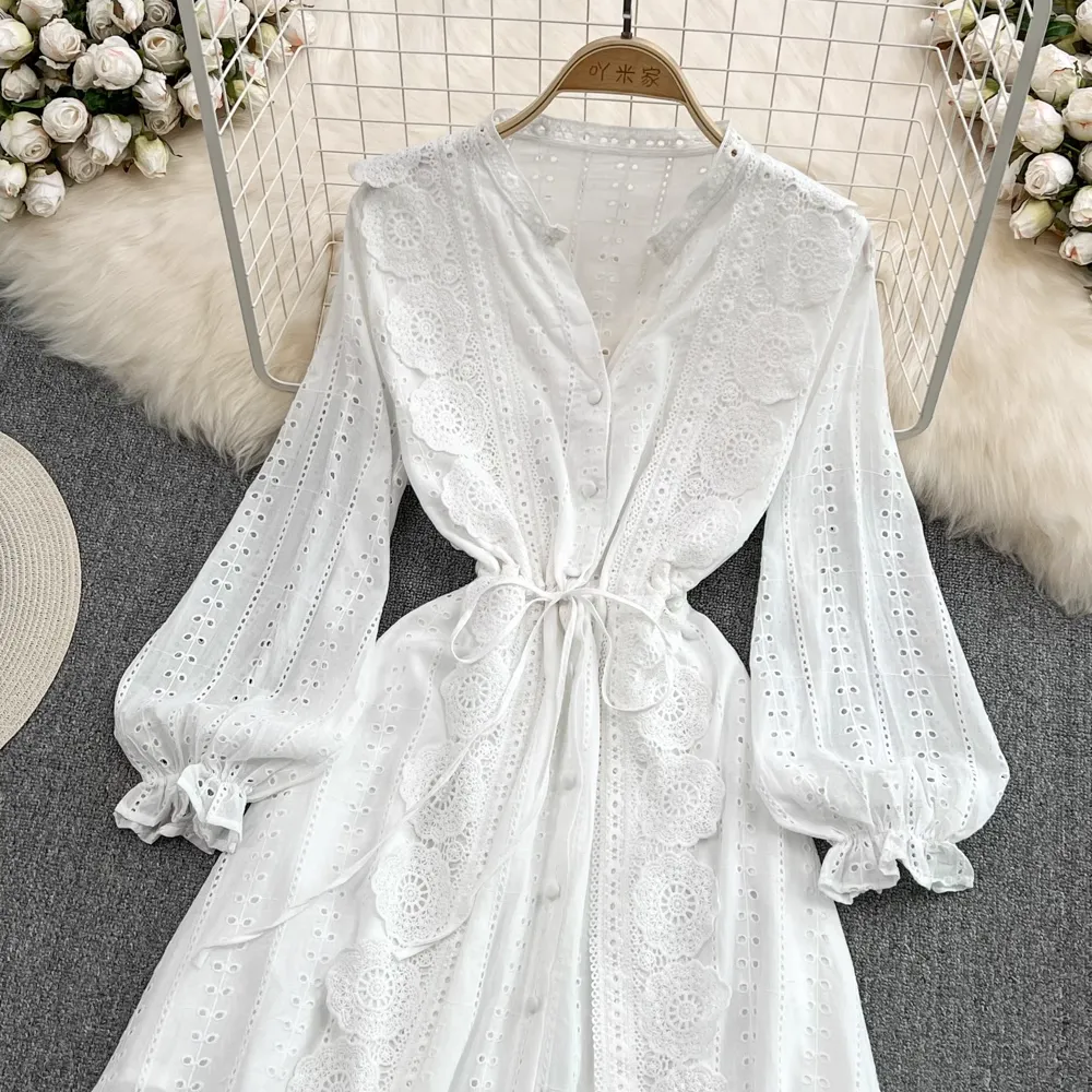 Fairy White V Neck Hollow Elegant Dress 1562