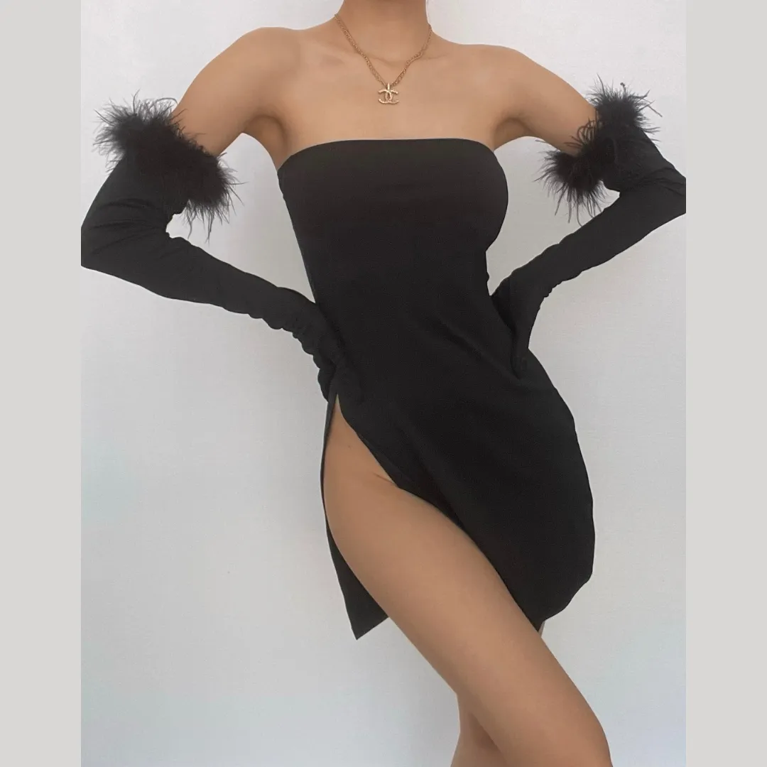 Feather solid slit backless gloves tube mini dress