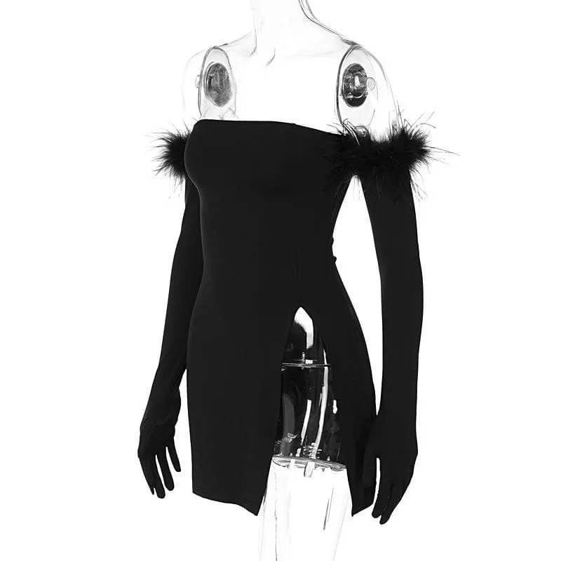 Feather solid slit backless gloves tube mini dress