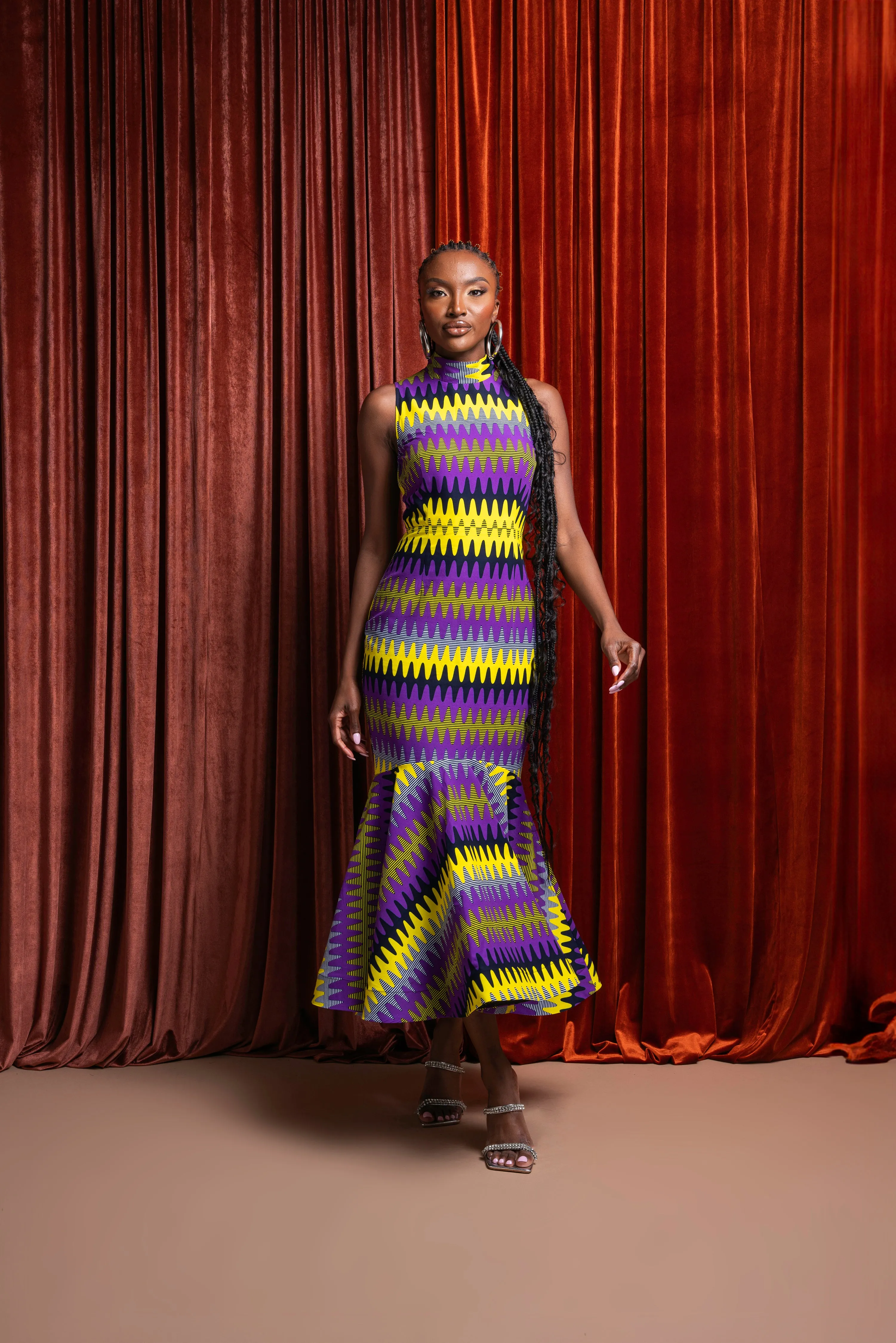 FEMI African Print Maxi Mock Neck Peplum Dress