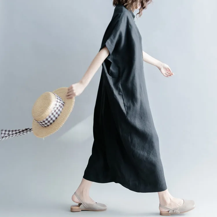 Fine black silk linen dresses oversize Stand baggy dresses caftans casual short sleeve patchwork gown