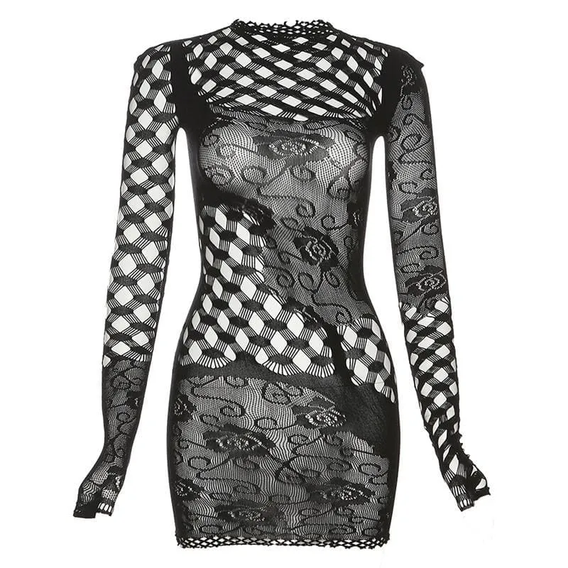 Fishnet long sleeve hollow out see through irregular cut out mini dress