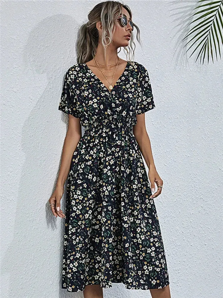 Floral Chic Summer Short Sleeve Fashionable Midi Dress