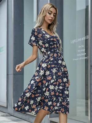 Floral Chic Summer Short Sleeve Fashionable Midi Dress