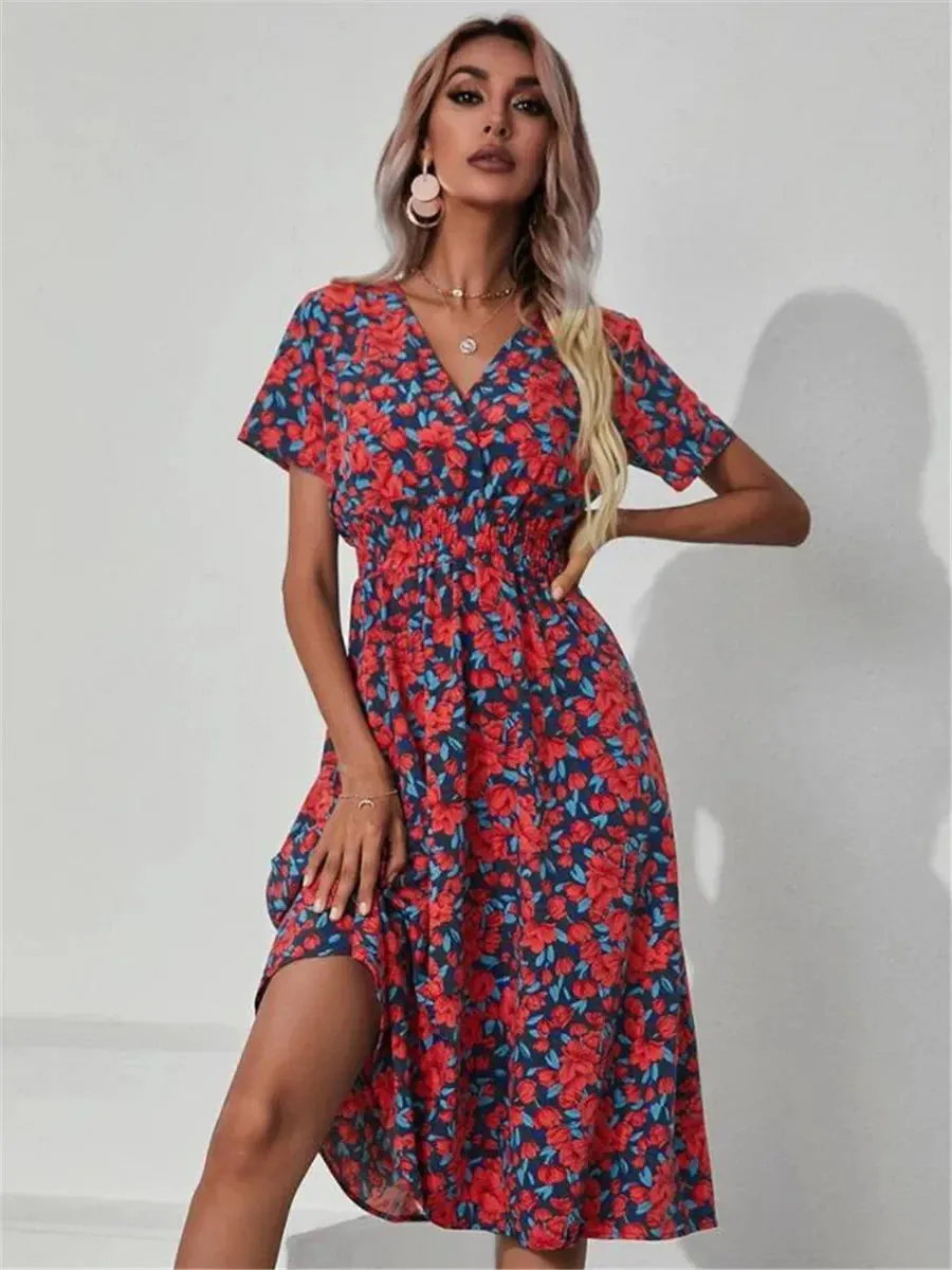 Floral Chic Summer Short Sleeve Fashionable Midi Dress