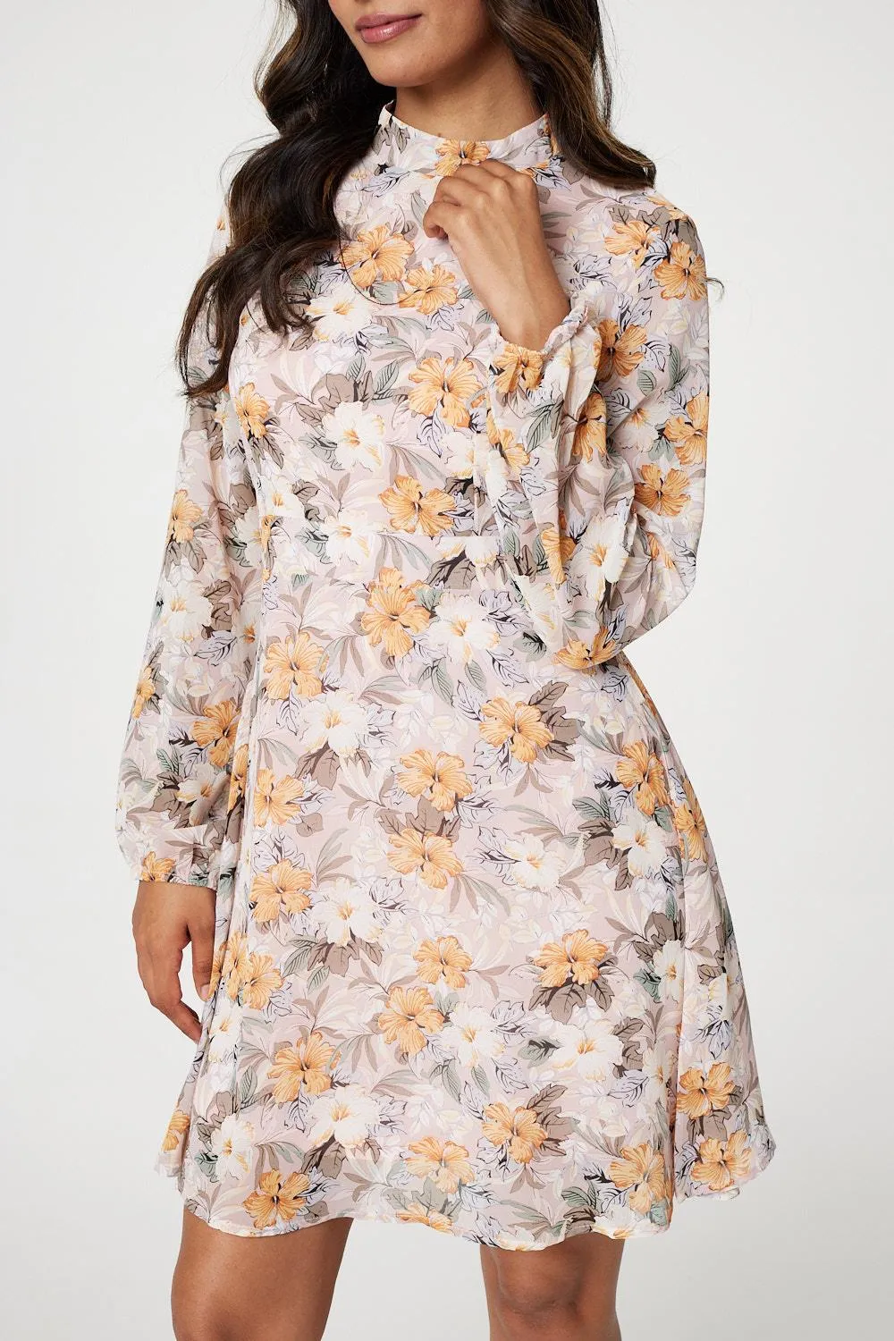 Floral High Neck Short Dress