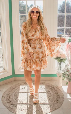 Floral Ruffle Wide Sleeve Smocked Waist Dress