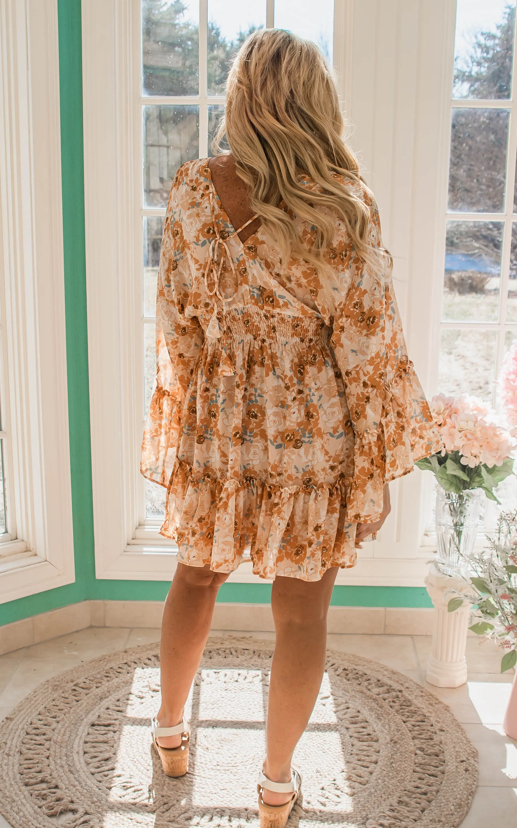 Floral Ruffle Wide Sleeve Smocked Waist Dress