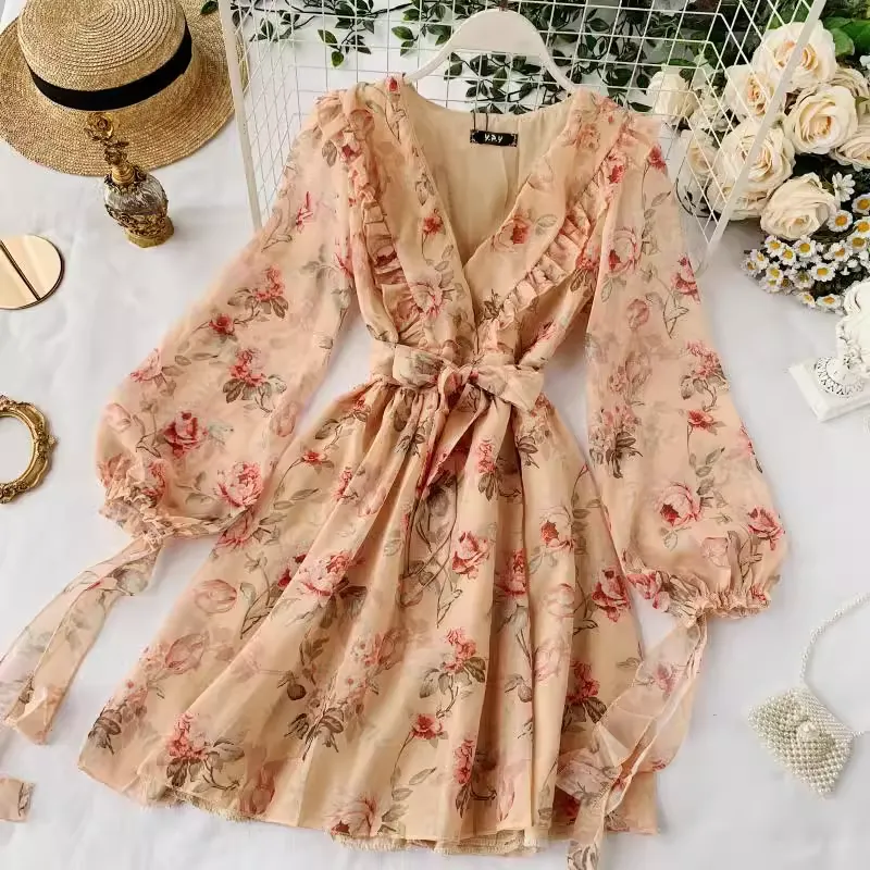 French Elegant Puff Sleeve V Floral Dress 1156