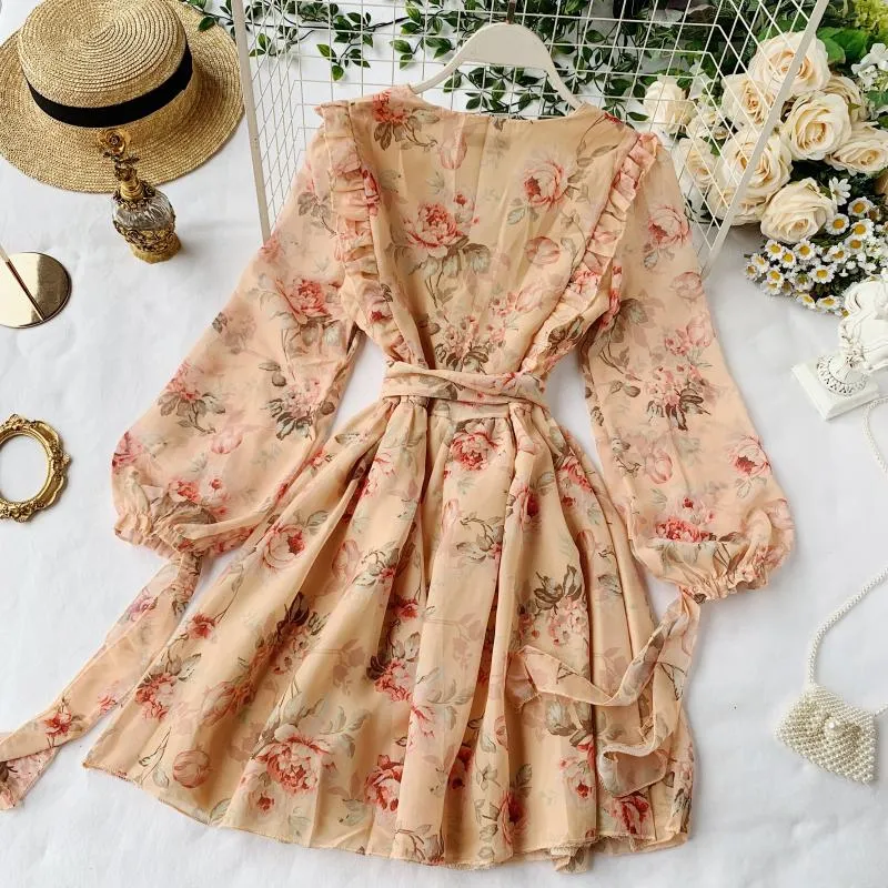 French Elegant Puff Sleeve V Floral Dress 1156