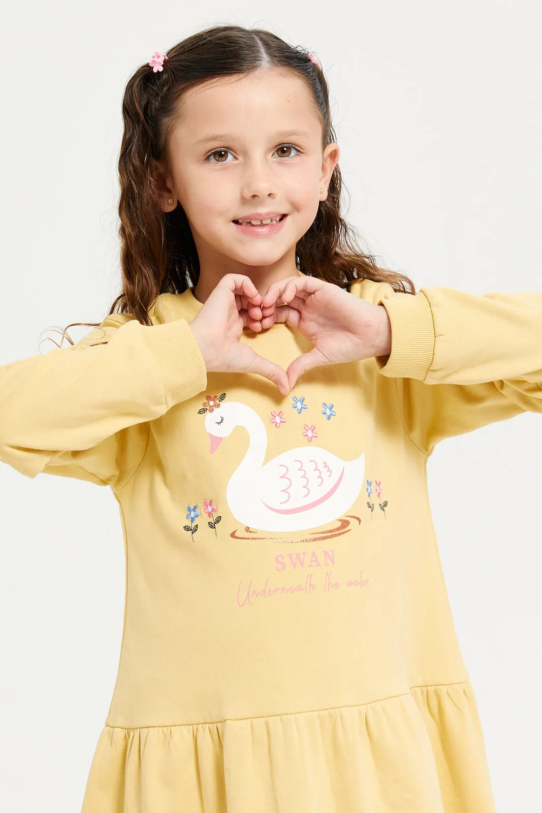 Girls Mustard Swan Printed Dress