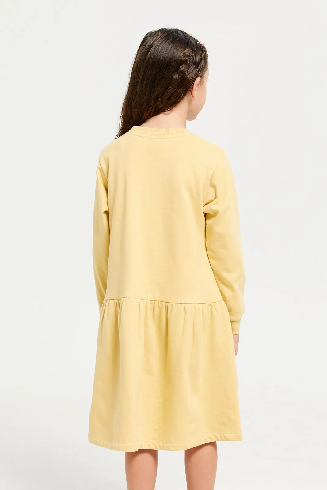 Girls Mustard Swan Printed Dress