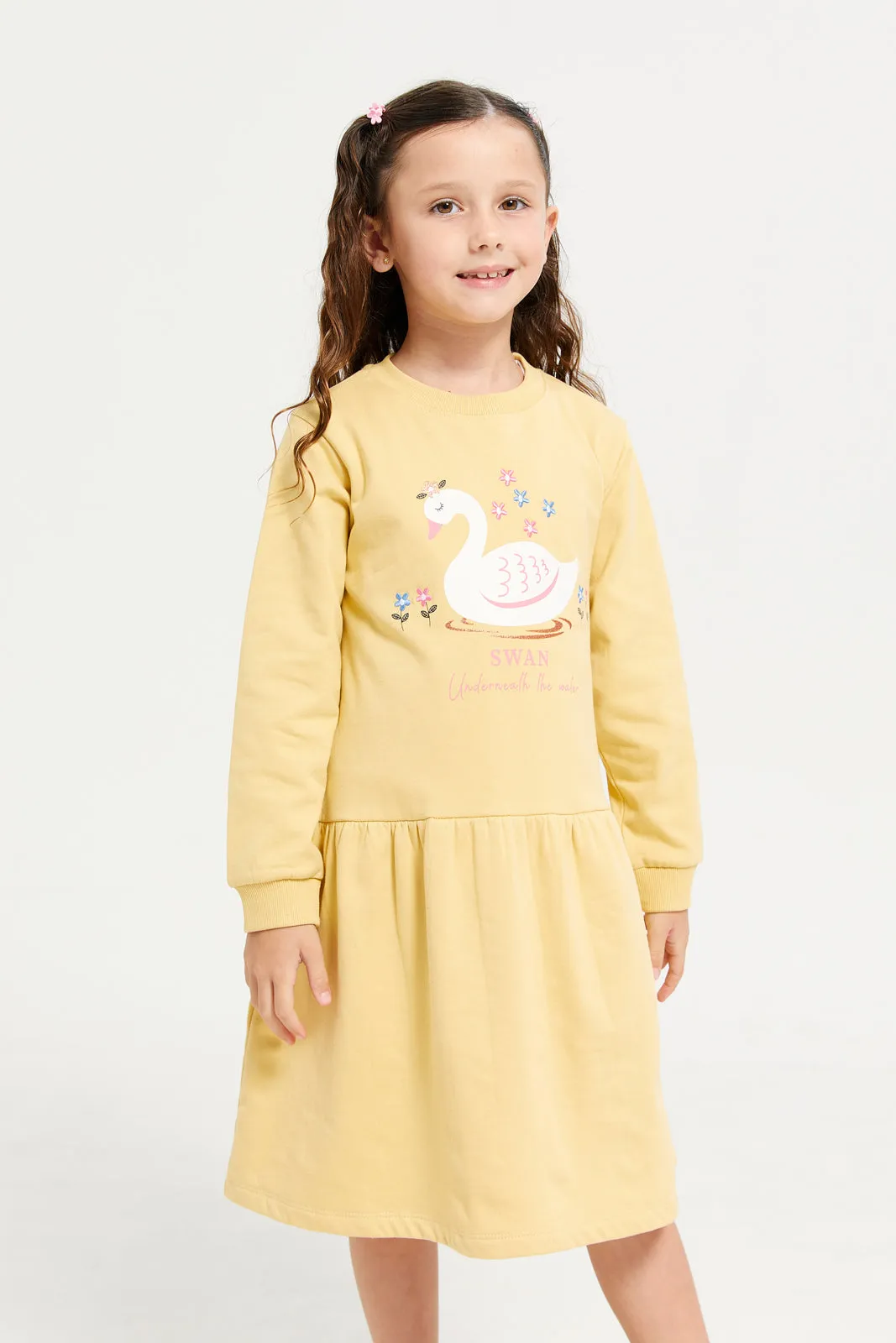 Girls Mustard Swan Printed Dress