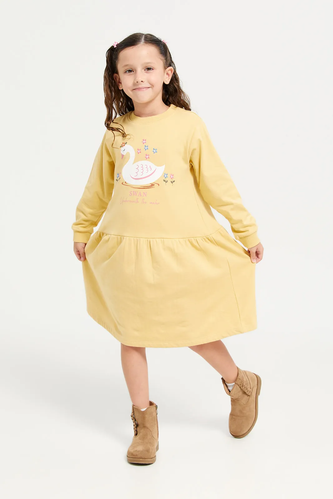 Girls Mustard Swan Printed Dress