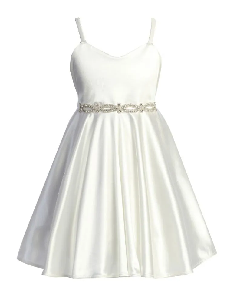 Girls Satin Dress with Rhinestone Belt and Sheer Embroidered Bolero, Sizes 4-14