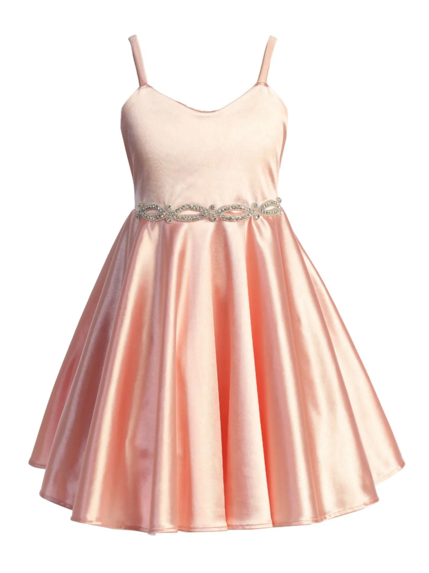 Girls Satin Dress with Rhinestone Belt and Sheer Embroidered Bolero, Sizes 4-14