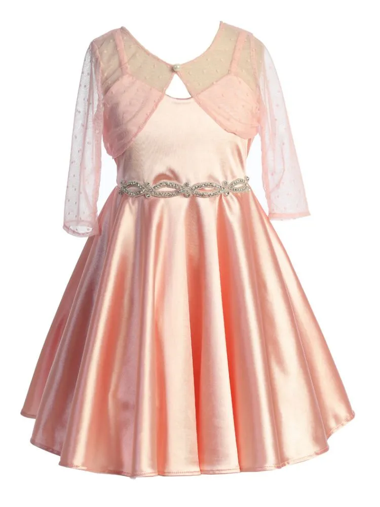 Girls Satin Dress with Rhinestone Belt and Sheer Embroidered Bolero, Sizes 4-14