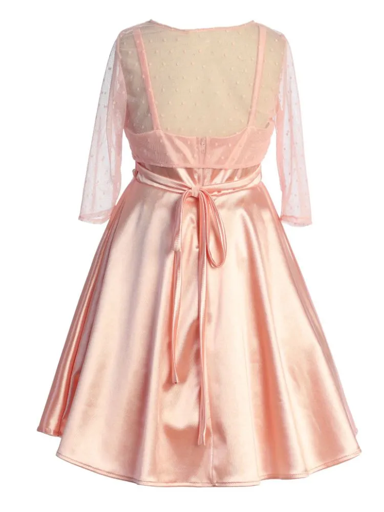 Girls Satin Dress with Rhinestone Belt and Sheer Embroidered Bolero, Sizes 4-14