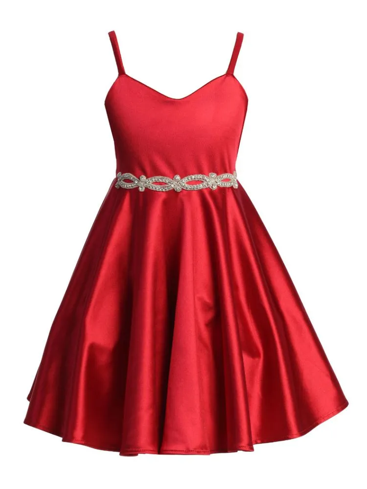 Girls Satin Dress with Rhinestone Belt and Sheer Embroidered Bolero, Sizes 4-14