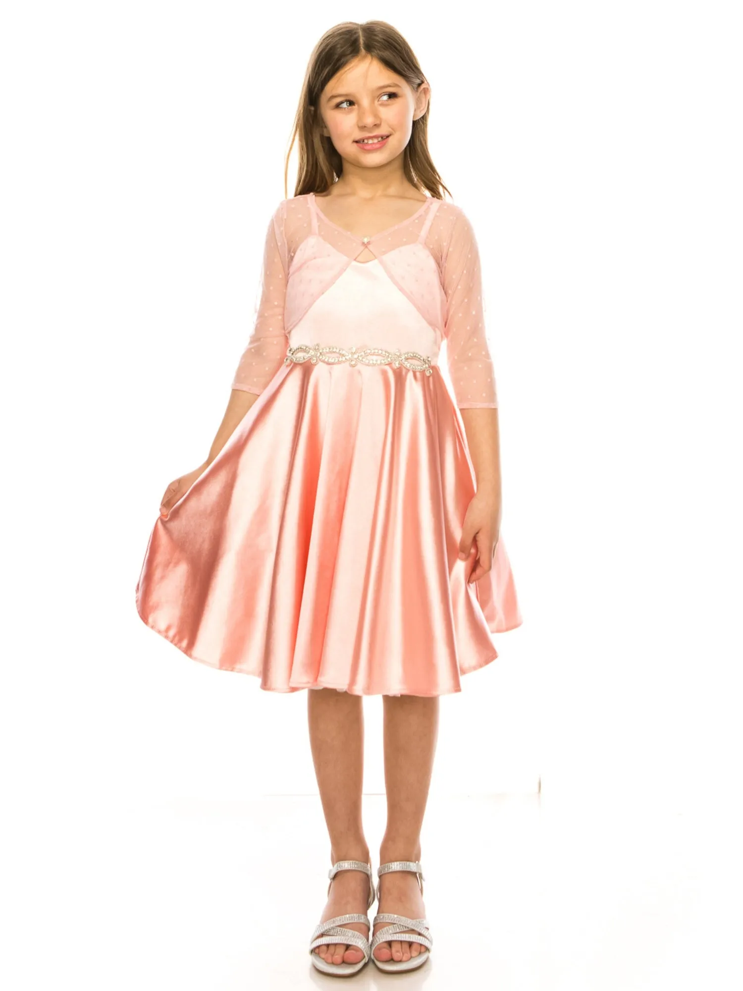 Girls Satin Dress with Rhinestone Belt and Sheer Embroidered Bolero, Sizes 4-14