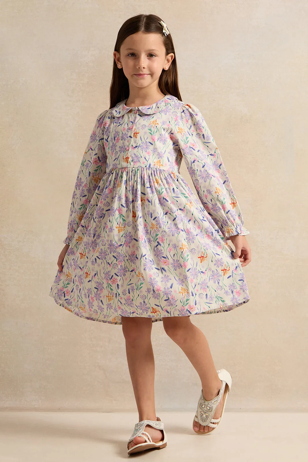 Girls White Floral Printed Dress