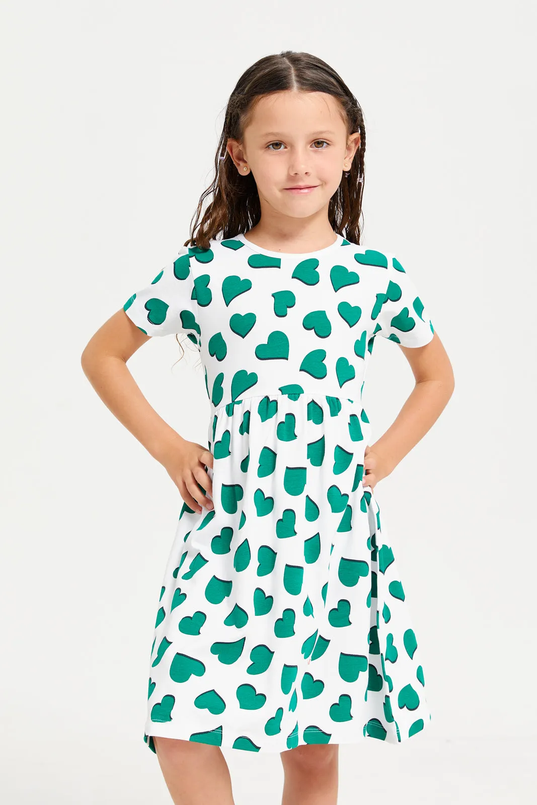 Girls White Heart Printed Dress