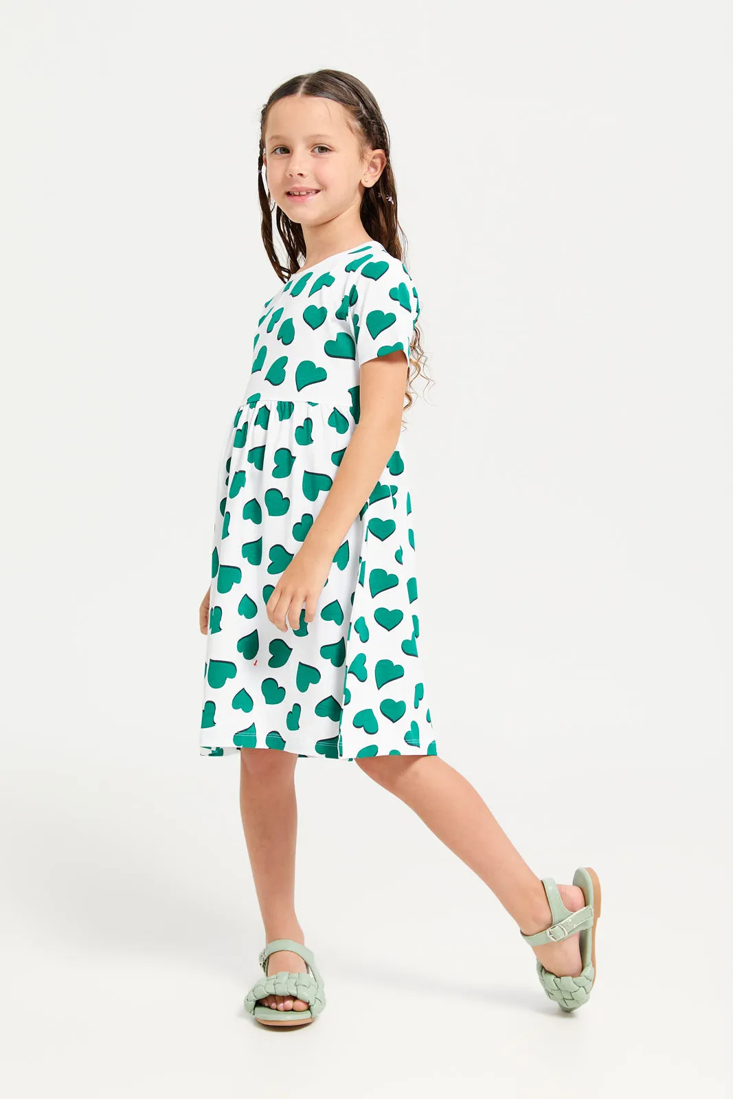 Girls White Heart Printed Dress