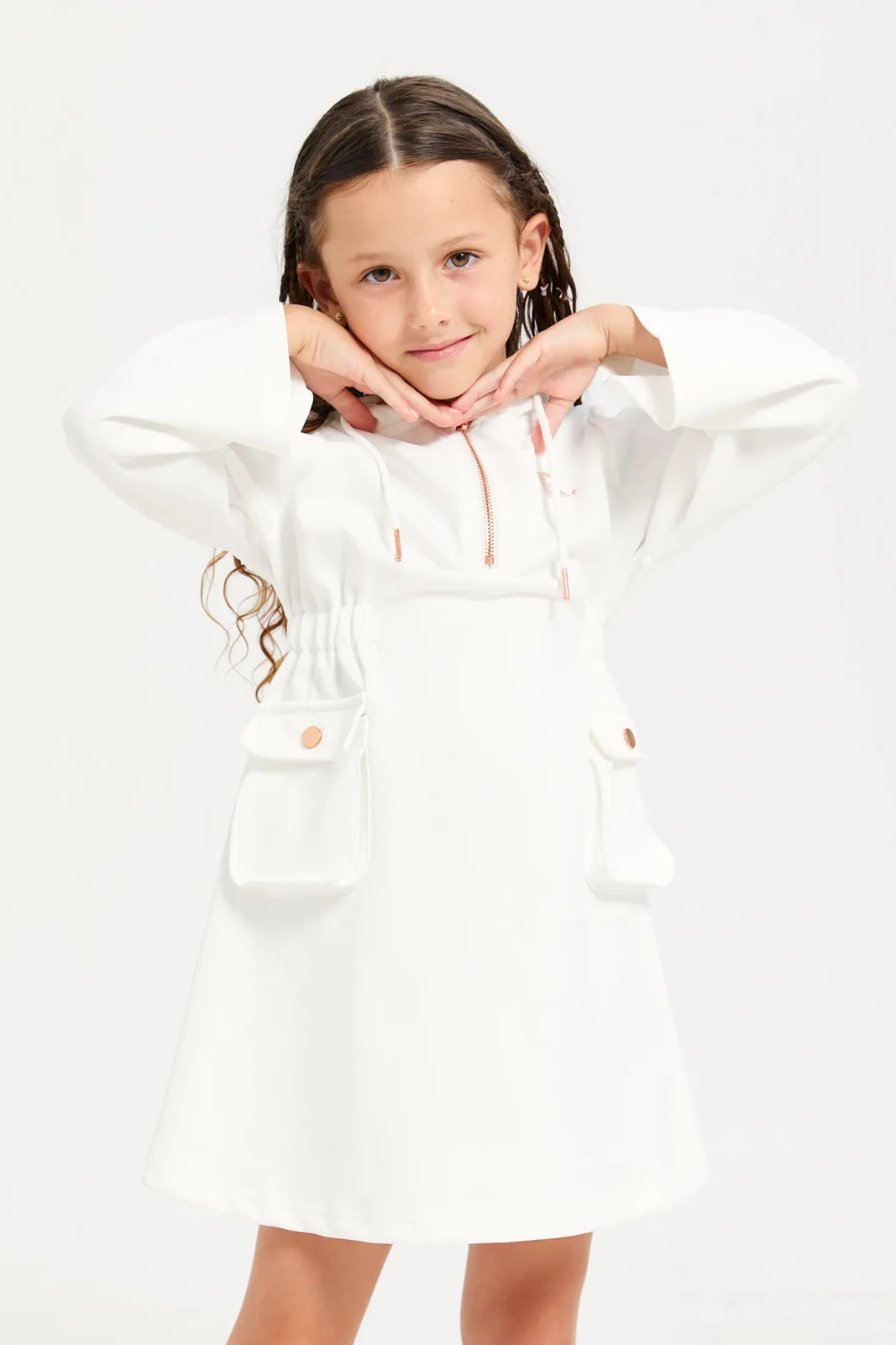 Girls White Hooded Active Dress