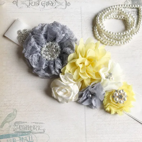 Gray Yellow Handmade Flowers With Beading Girl Sash, Bridesmaids Sash,Elegant Beading Sash, SA0002