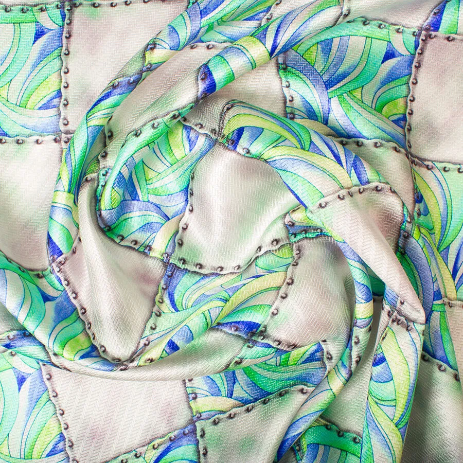 Green/Blue Multi Printed Silver Grey Silk Faille