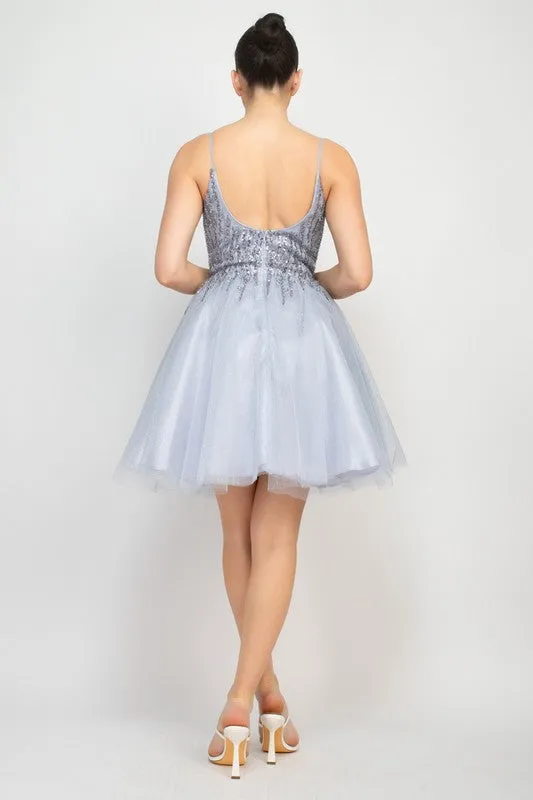 Grey Sequin Beads Tulle Mini Glittery Dress