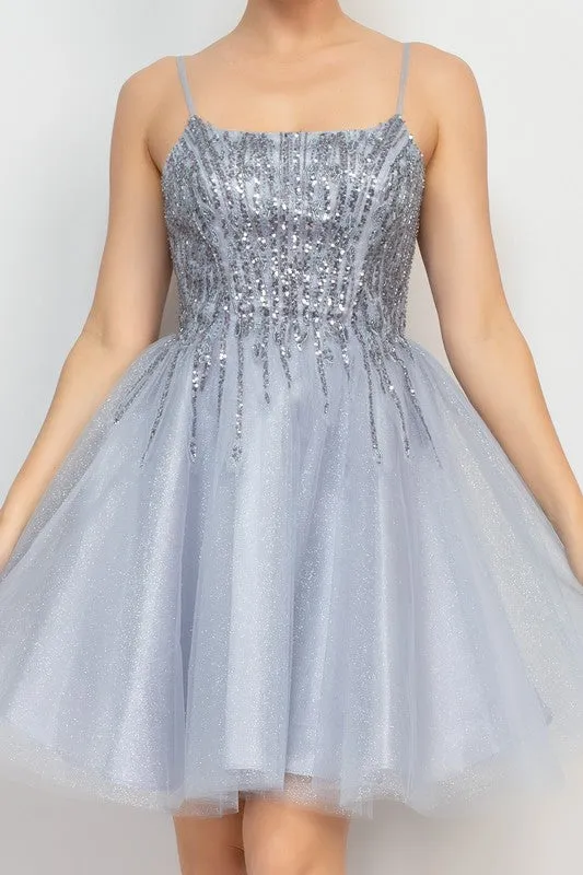 Grey Sequin Beads Tulle Mini Glittery Dress