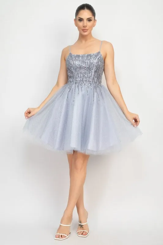 Grey Sequin Beads Tulle Mini Glittery Dress