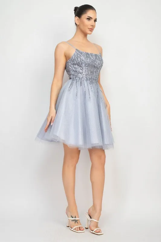 Grey Sequin Beads Tulle Mini Glittery Dress