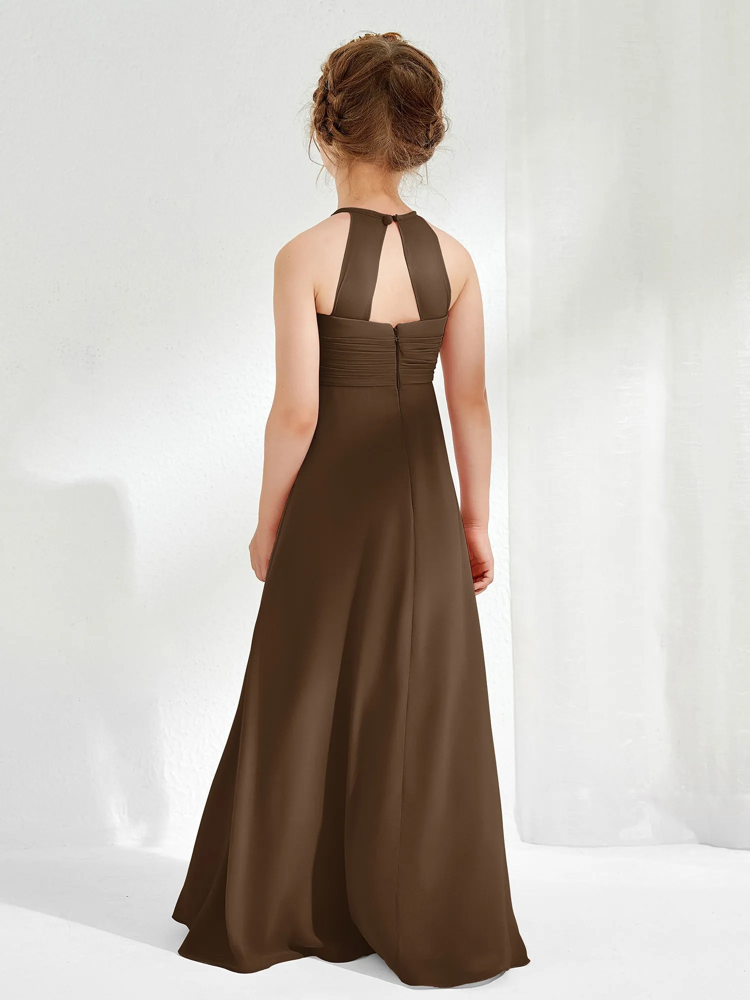 Halter Chiffon Junior Bridesmaid Dresses Brown