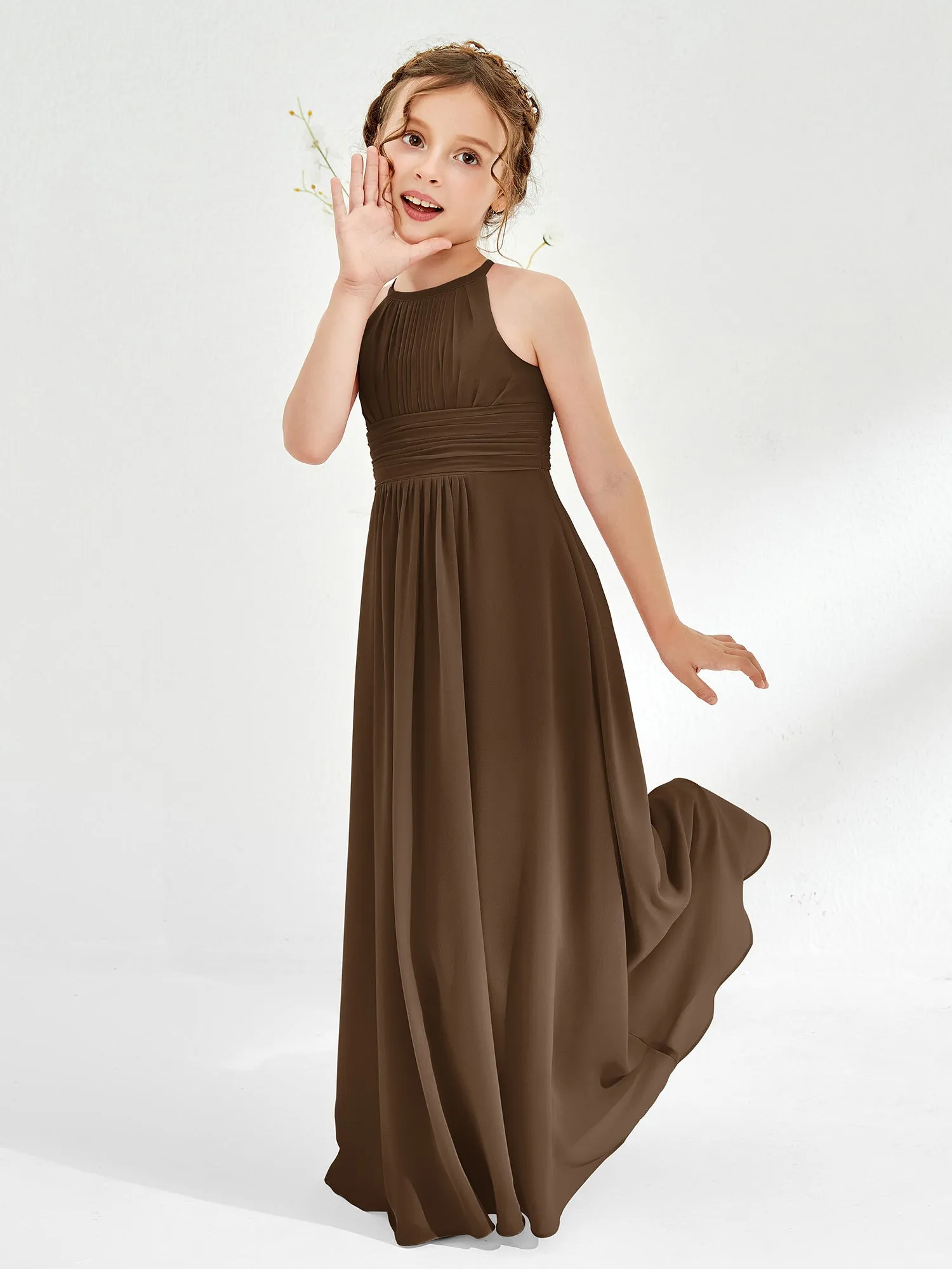 Halter Chiffon Junior Bridesmaid Dresses Brown