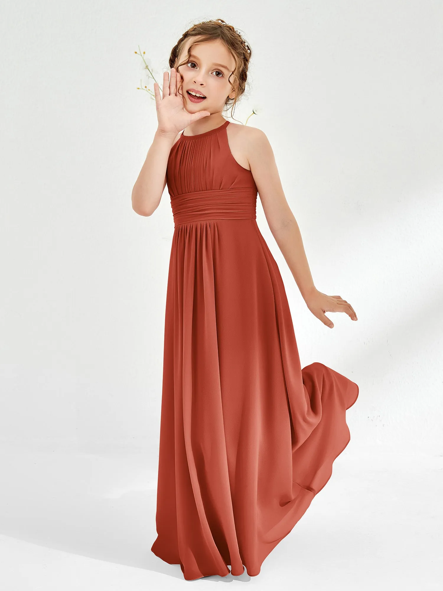 Halter Chiffon Junior Bridesmaid Dresses Rust