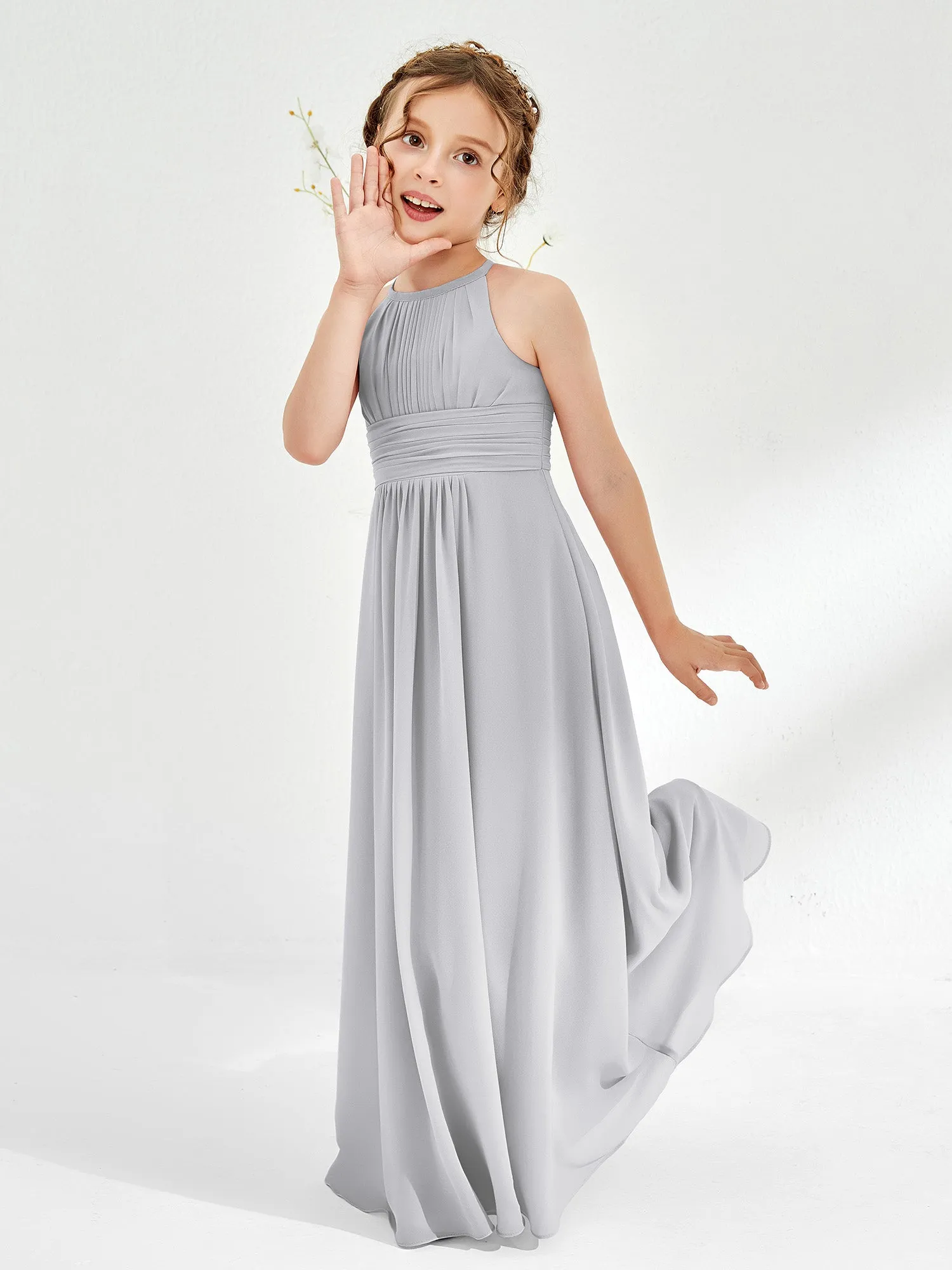 Halter Chiffon Junior Bridesmaid Dresses Silver