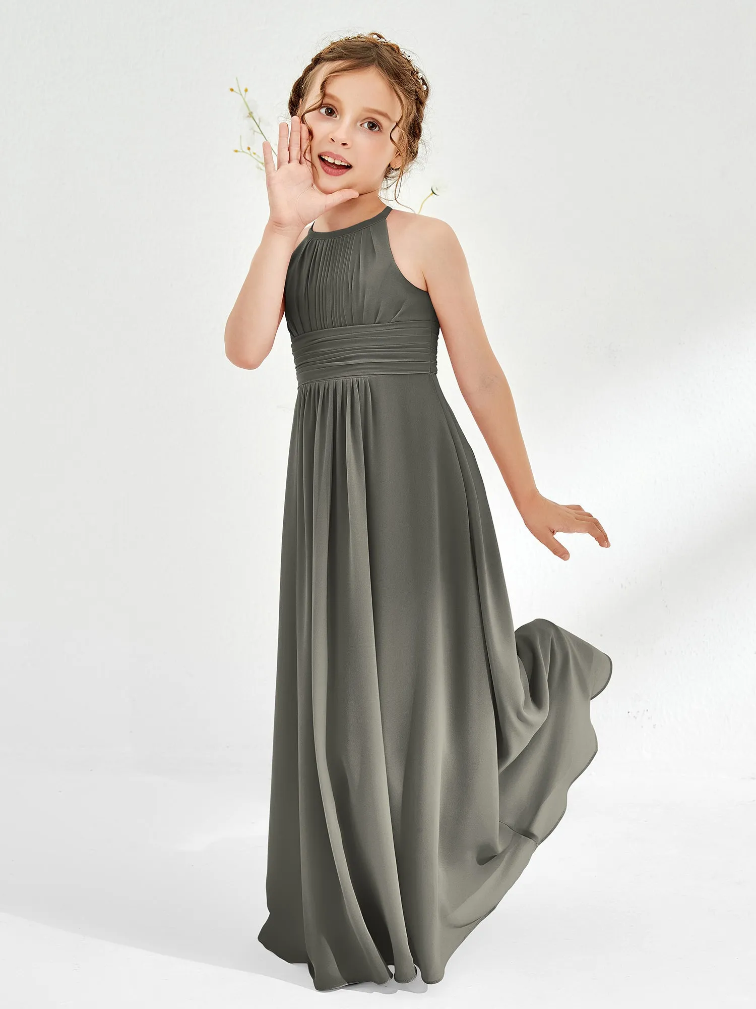 Halter Chiffon Junior Bridesmaid Dresses Steel Grey