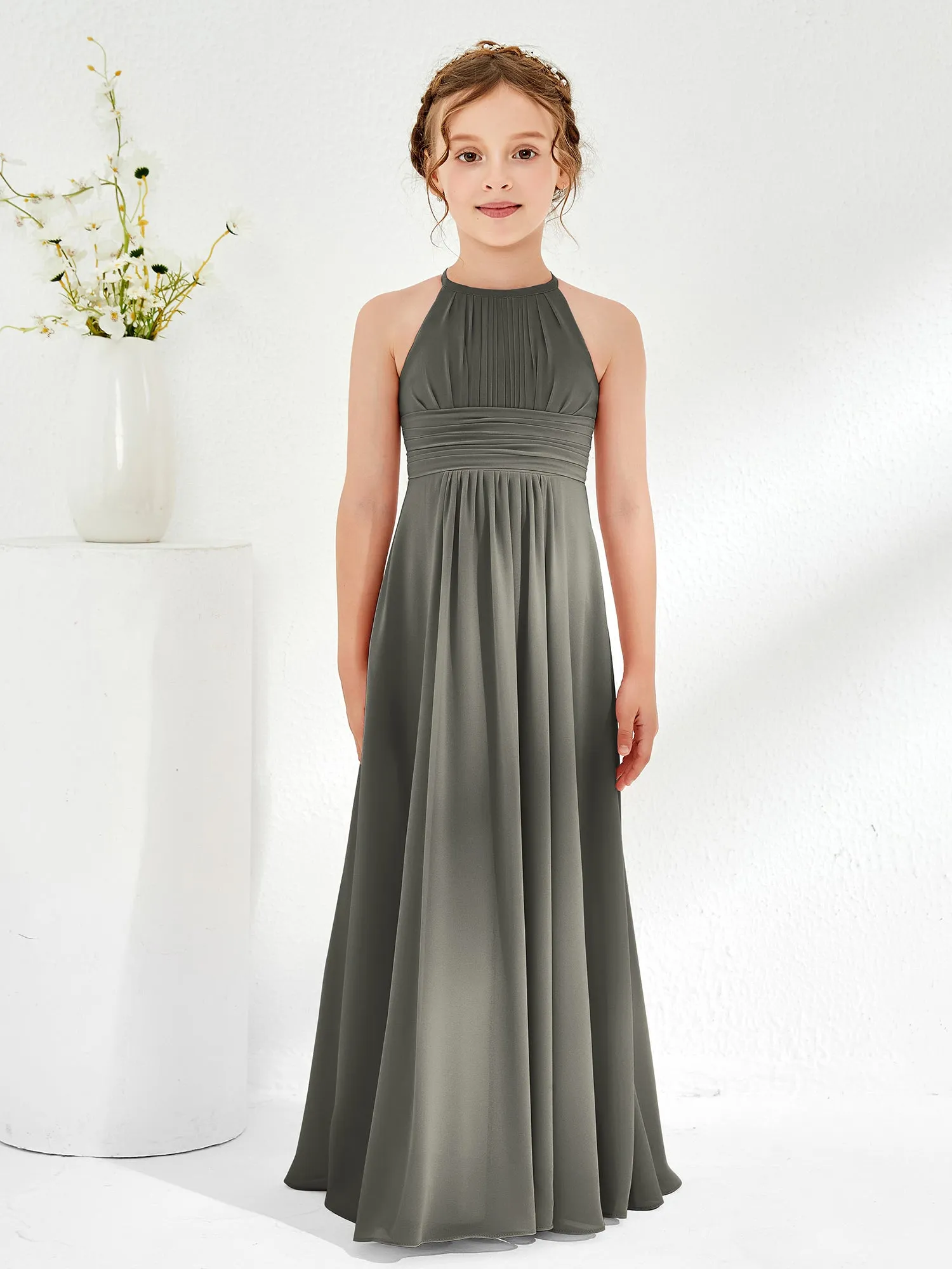 Halter Chiffon Junior Bridesmaid Dresses Steel Grey