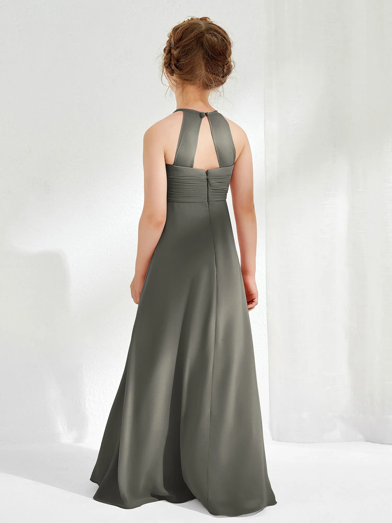 Halter Chiffon Junior Bridesmaid Dresses Steel Grey