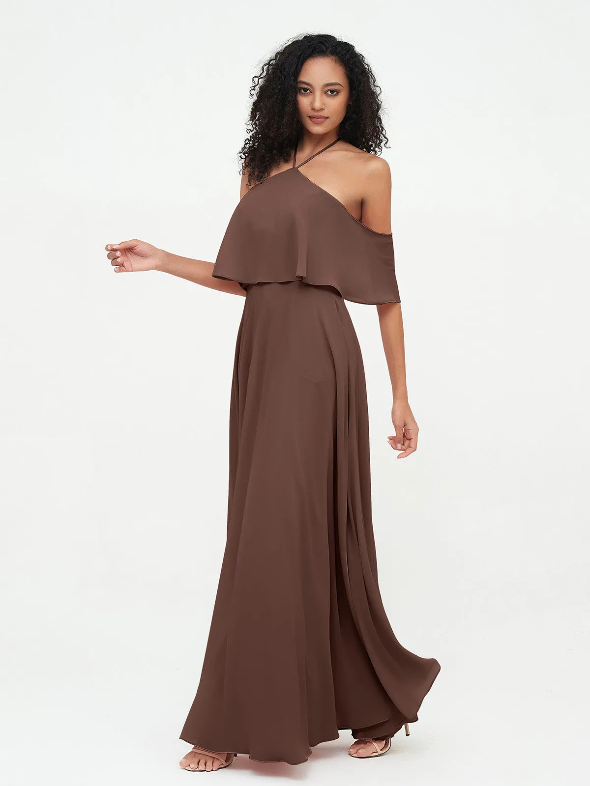 Halter Off the Shoulder Max Dresses with Pockets-Chocolate