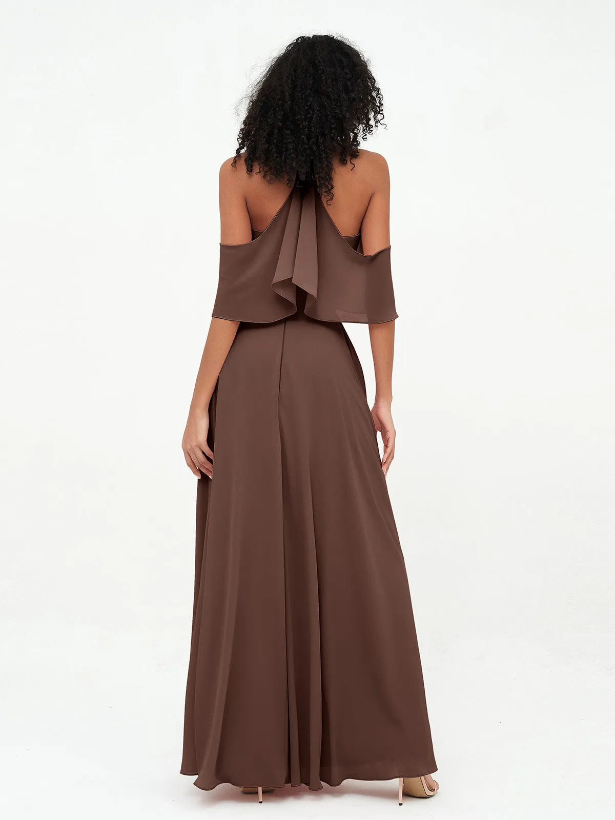 Halter Off the Shoulder Max Dresses with Pockets-Chocolate