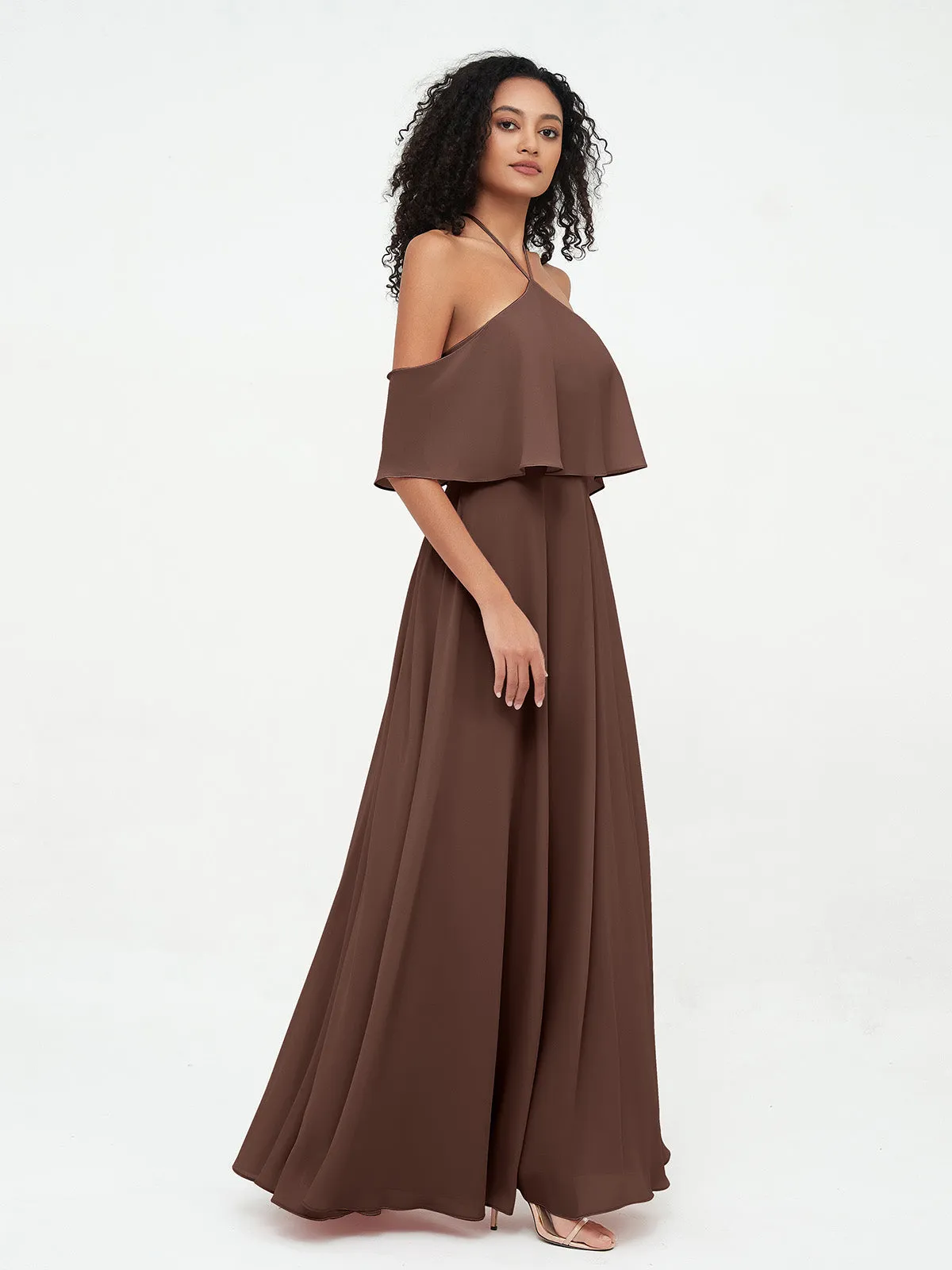 Halter Off the Shoulder Max Dresses with Pockets-Chocolate