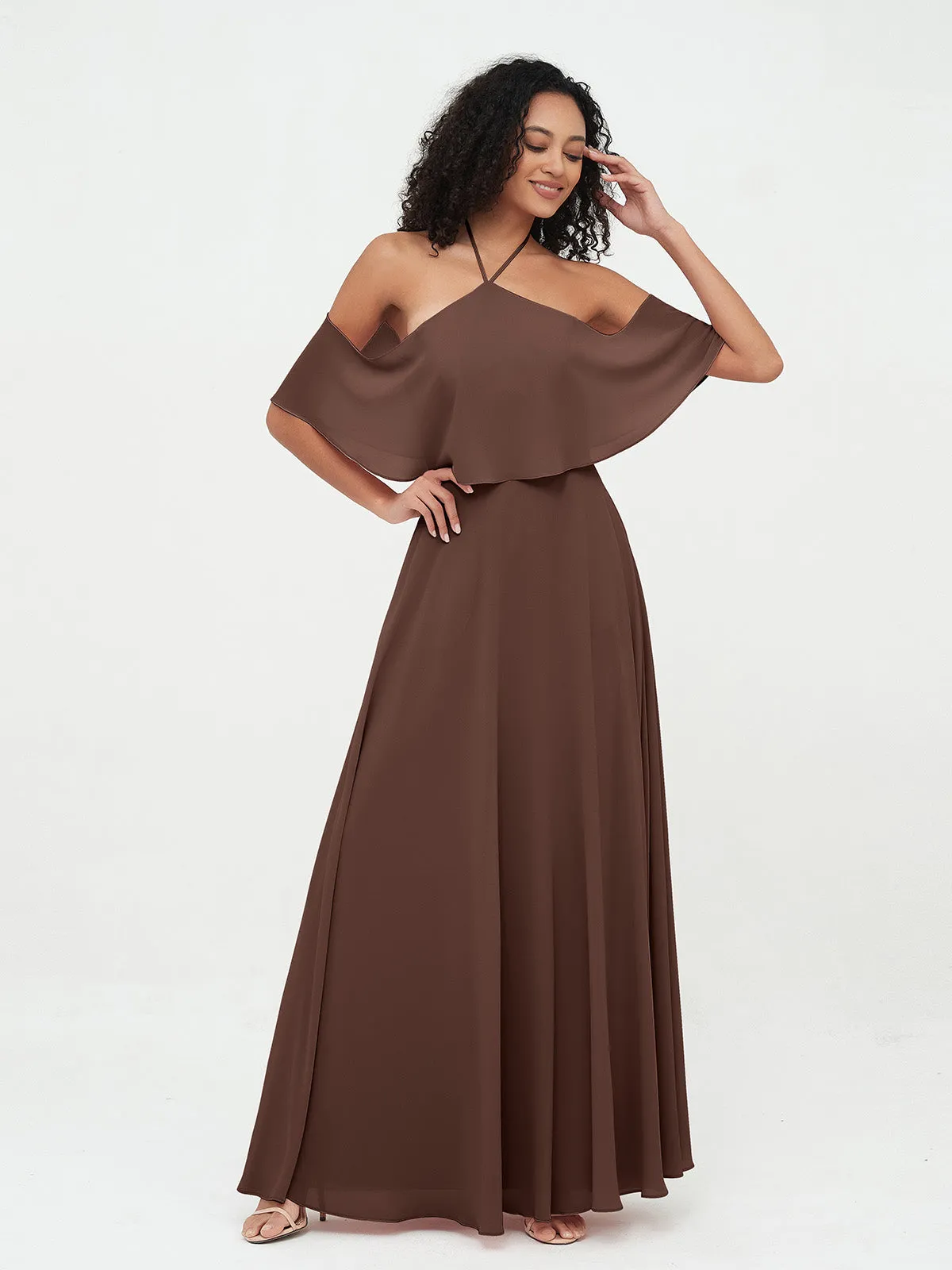 Halter Off the Shoulder Max Dresses with Pockets-Chocolate