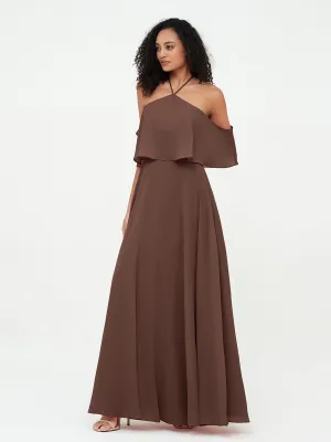 Halter Off the Shoulder Max Dresses with Pockets-Chocolate