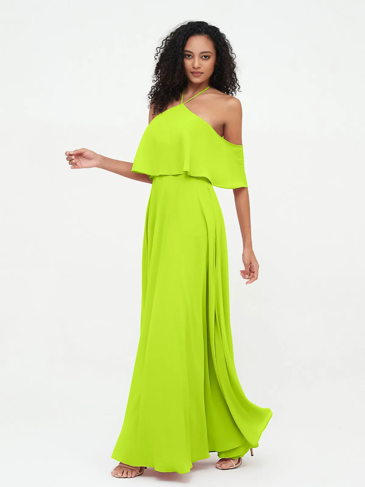 Halter Off the Shoulder Max Dresses with Pockets-Lime Green Plus Size