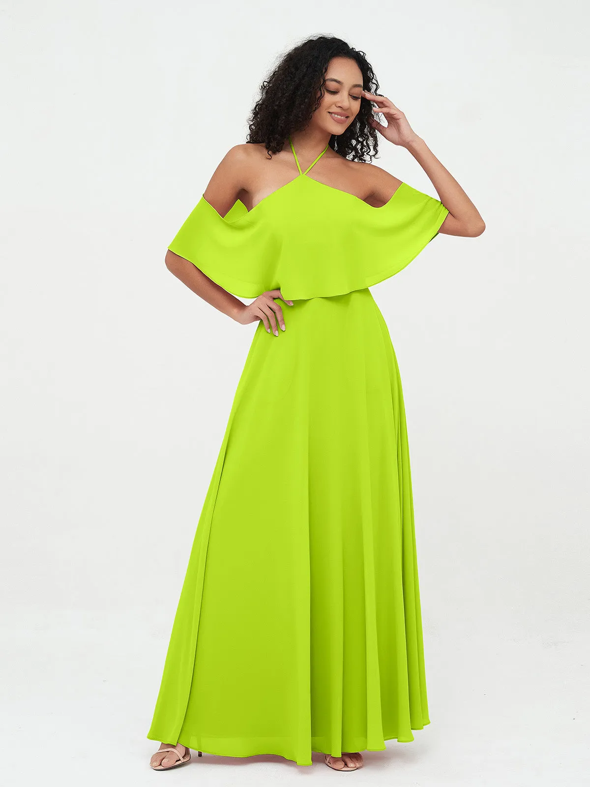 Halter Off the Shoulder Max Dresses with Pockets-Lime Green Plus Size