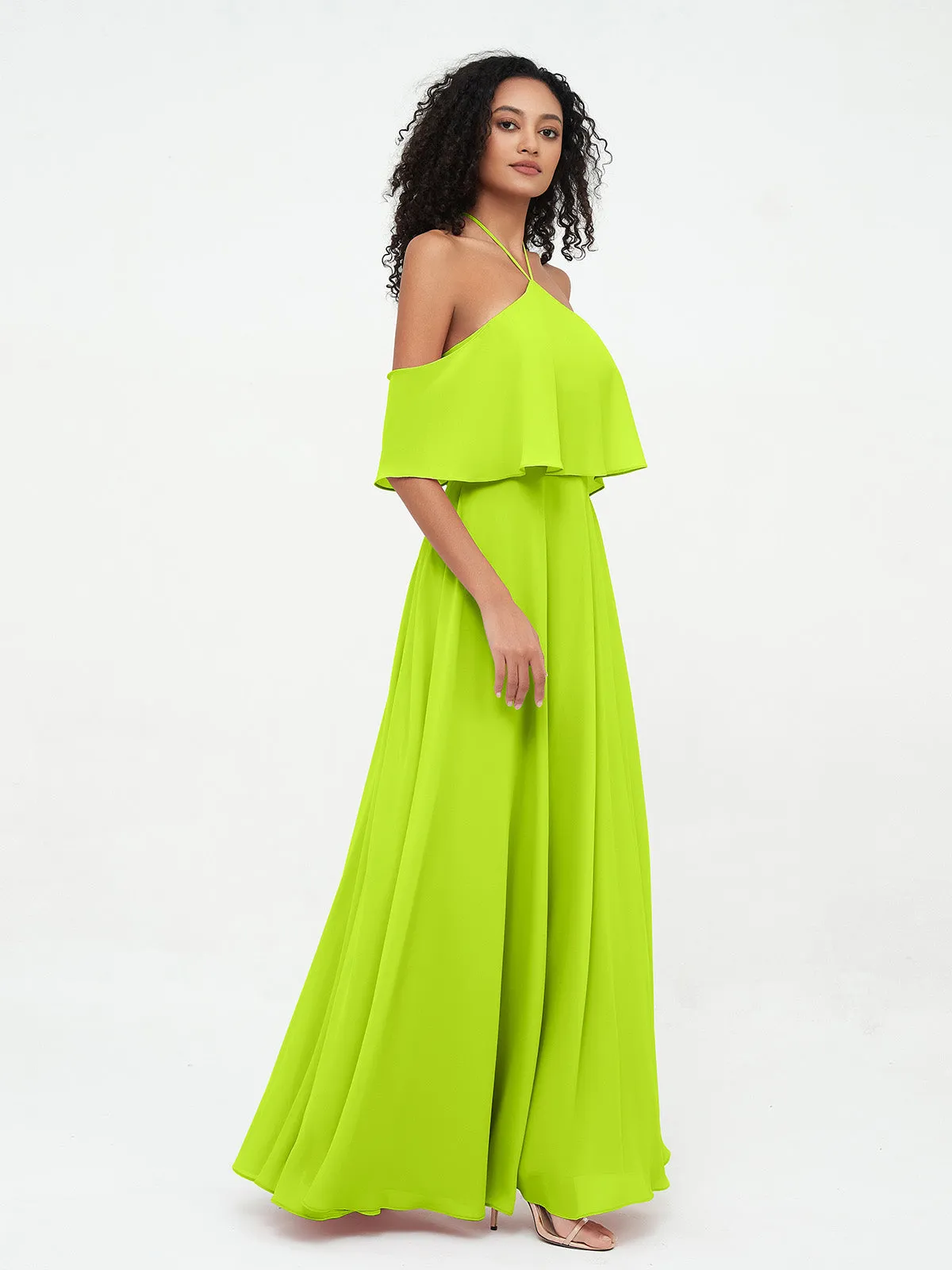 Halter Off the Shoulder Max Dresses with Pockets-Lime Green Plus Size